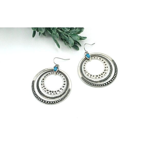 Bohemian Vintage-Style Silver-Tone Hoop Earrings With Blue Stone Accents  by Pre - Picture 2 of 6